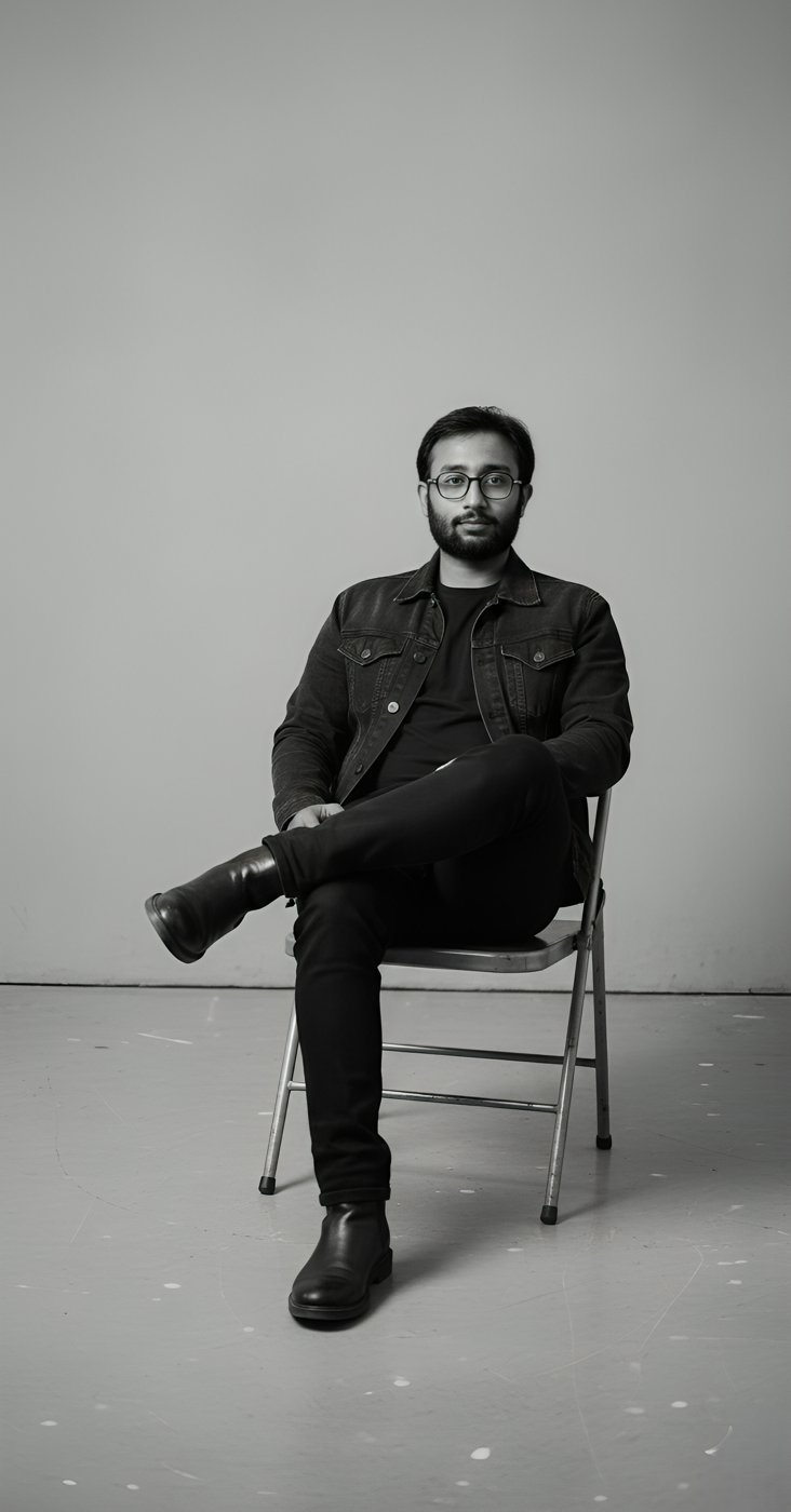 Black and white portrait of Abdul Rehman seated on a folding chair